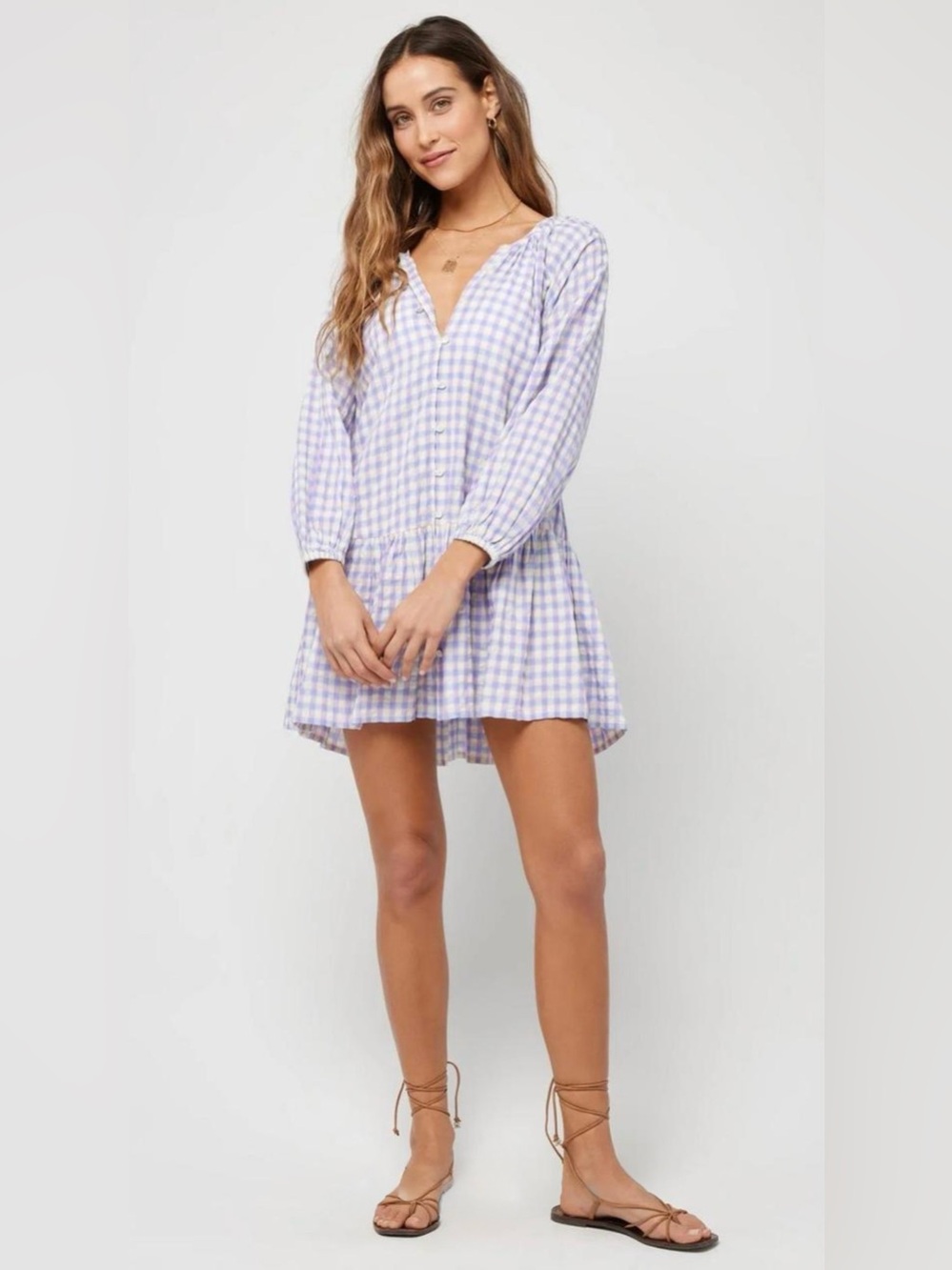 L*Space Vida Dress Park Slope Gingham Lilac Resort Mini Cover Up NWT M